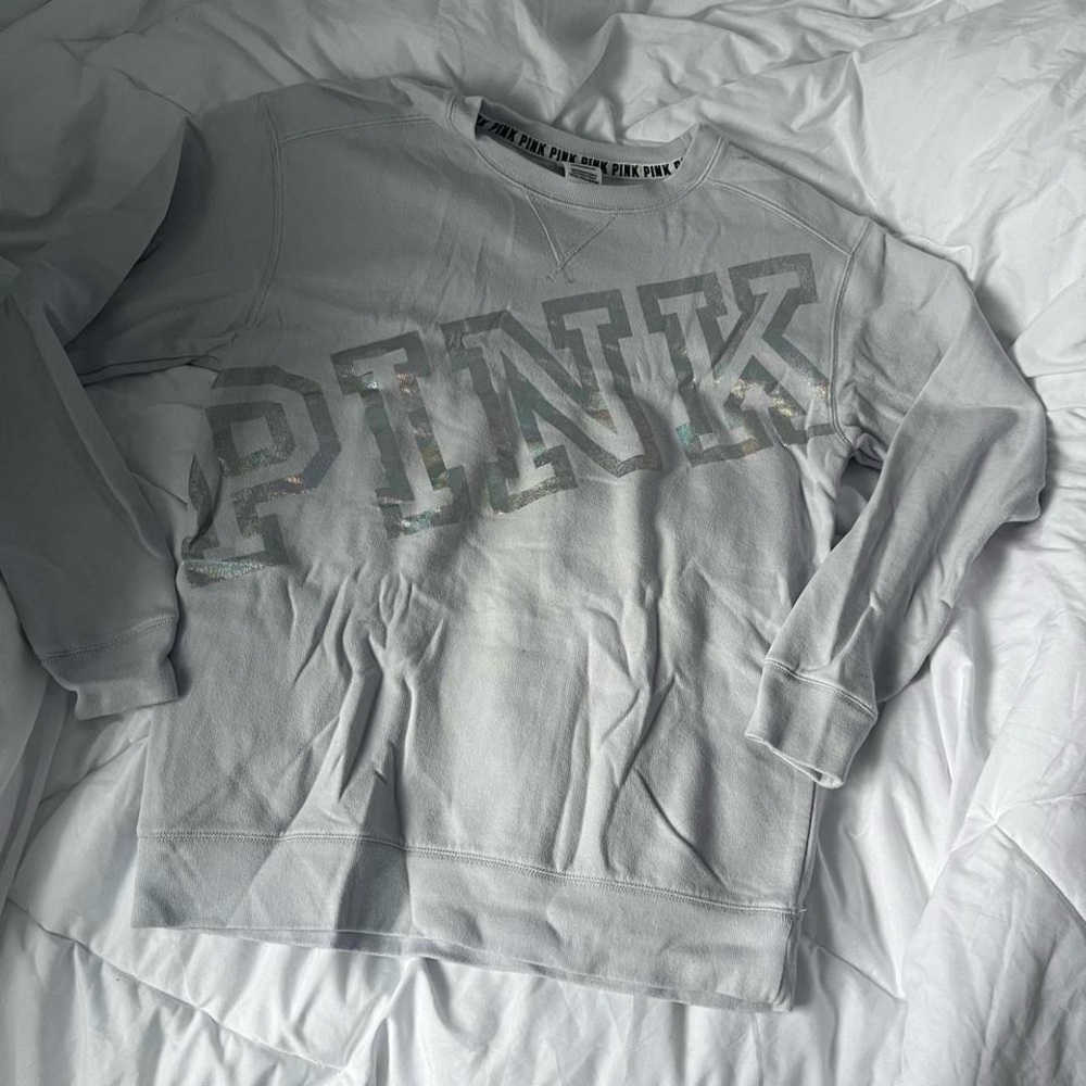 Victorias Secret Pink Powder Blue & White Crewneck Sweater Holographic Letters X